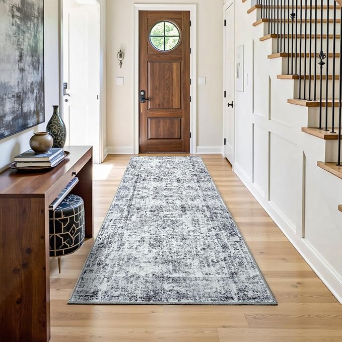 HOMORE Hallway Runner Rugs 2x6 Gray Rug for Bedroom, Washable Abstract Kitchen Rug Non Slip Rugs for Kids Nursery Room Vintage Carpet for Dorm Entryway