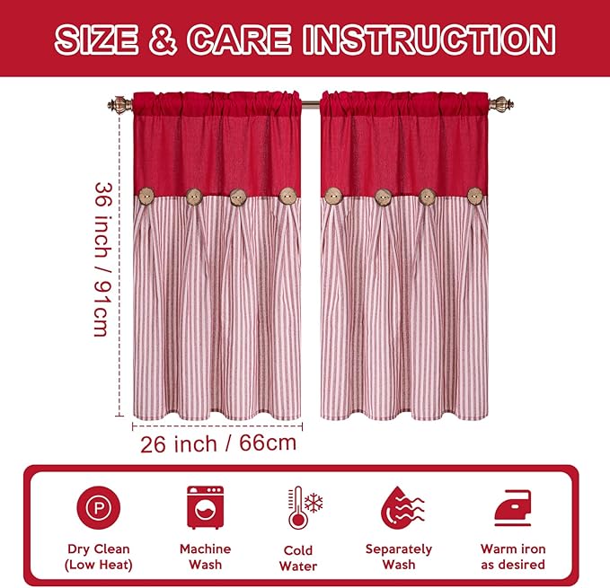 ASPMIZ Boho Linen Kitchen Curtains 36 Inch Length, Farmhouse Kitchen Window Curtain Over Sink, Red Striped Short Curtains for Small Windows, Bathroom, Rod Pocket Window Treatment Tiers with Button