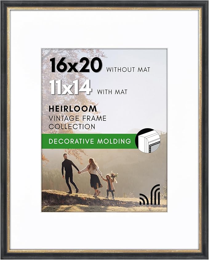 Americanflat Vintage Frames - 16x20 Picture Frame with Beaded Accents and Polished Plexiglass - Use as 11x14 Frame or Display 16x20 Photos Without Mat - Heirloom Collection - Wall Display - Black Gold