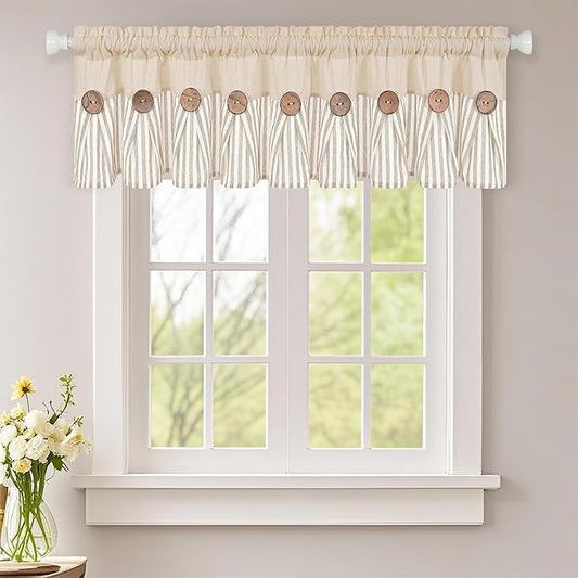 ASPMIZ Farmhouse Cotton Linen Valances for Windows, Boho Kitchen Curtains Valances with Rustic Button, Khaki Striped Window Treatments Curtain Valance for Bathroom Cafe, 60 x 14 Inch, 1 Pannel