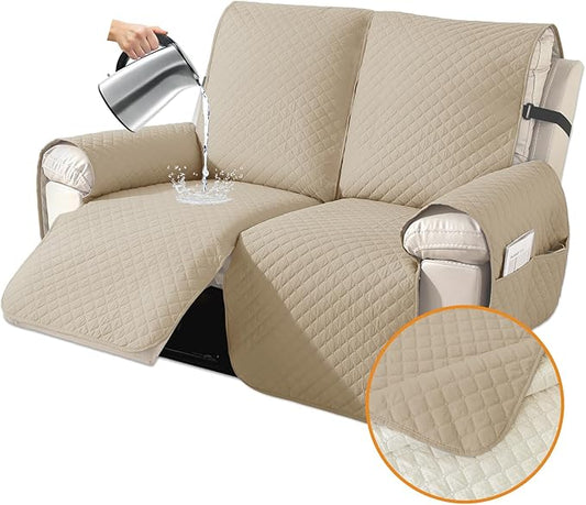 XINEAGE Water Resistant Recliner Cover, 2 Seat Loveseat Covers with Pockets, Quilted Thick Protector Cover for Dog Pets with Non Slip Backing and Strap (Loveseat, Khaki)