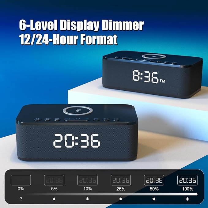 Alarm Clocks for Bedrooms, Wireless Charger, Bluetooth Speaker, White Noise Machine, Digital Clock with Dual Alarm, Dimmable Display, USB Charging Port, Black - Image 5