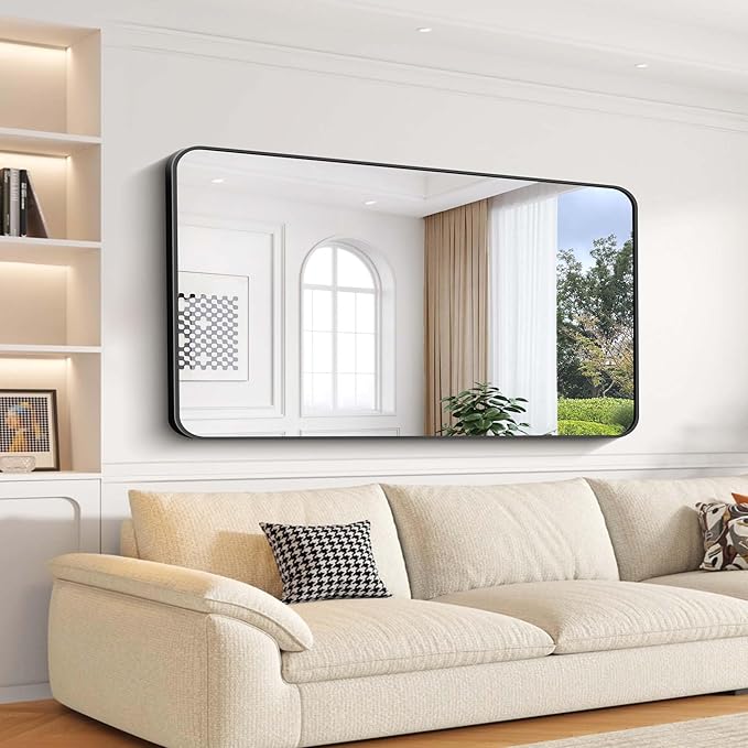 Bathroom Mirror, 30"x55" Black Rectangle Wall Mirror, Metal Frame Rounded Corner Vanity Mirror, Large Wall Mounted Mirror for Modern Bedroom Living Room Horizontal Or Vertical Mounting