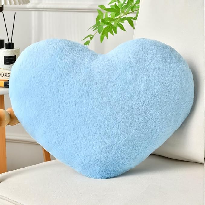 Heart Pillow Blue Throw Pillows Decorative Pillows for Bed Couch Cute Faux Rabbit Fur Small Pillow for Women Valentine Anniversary Fall Halloween Christmas Home Decor (Medium, 20"x15")