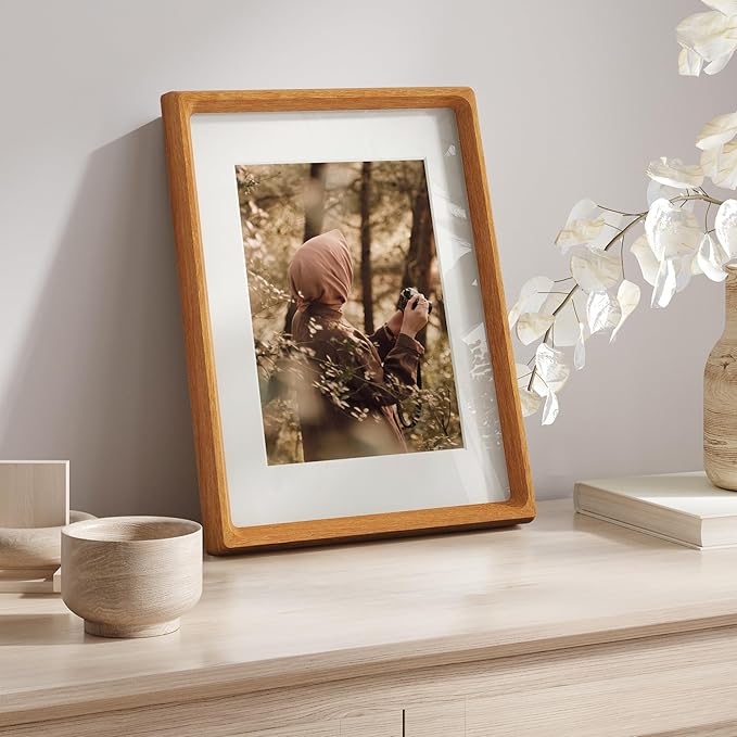 8.5 by 11 Picture Frame, USA-Sourced Teak Wood Photo Frames with HD Tempered Glass, Handcrafted Rounded Corner 8.5 x 11 Wooden Frames Matted to 6x8 Photos, 8.5x11 Frame, Tabletop or Wall Display