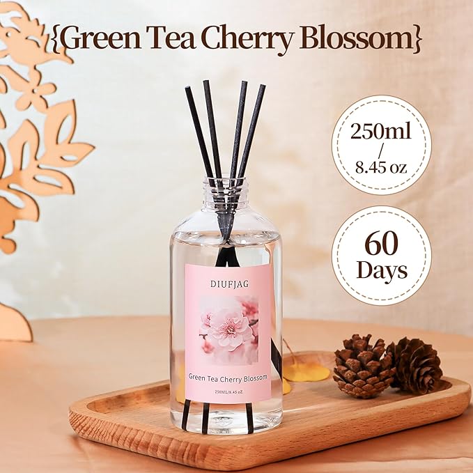 Green Tea Cherry Blossom Diffuser with 20 Black Fiber Sticks, 6.7 oz Diffusers for Home Essentials Bathroom,Last up to 60 Days???200ml