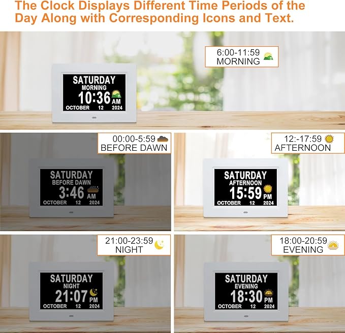 SSINI Digital Calendar Dementia Alarm Clock with Day and Date for Elderly - 15 Alarms 5 Colors Display Digital Clock Large Display Alzheimers Large Digital Clock for Seniors (7in White) - Image 6