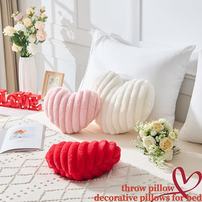 2Pcs Heart Pillow Red White Throw Pillows Decorative Pillows.Heart Shaped Throw Pillows for Bed Couch Chair Bedroom Room.Cute Small Pillow for Valentines Day Women Valentine Wedding Home Decor
