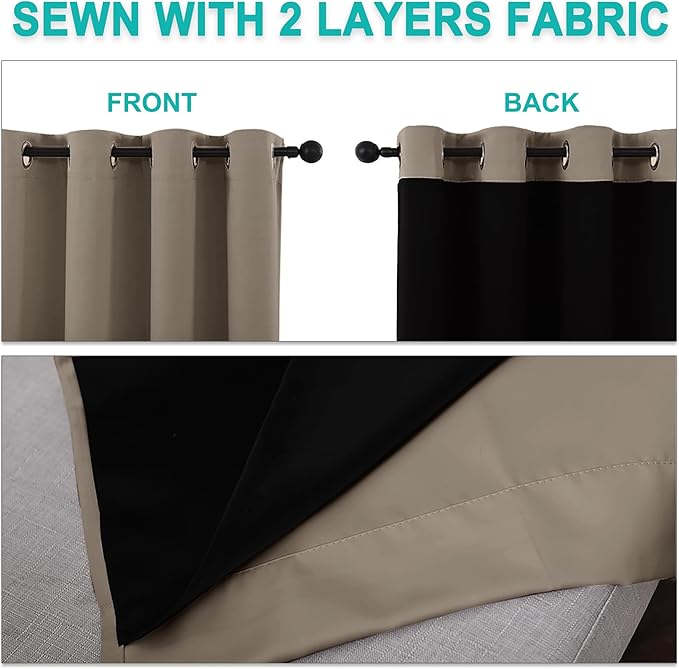 NICETOWN Total Shade Curtains and Draperies, Heavy-Duty Full Light Shading Drapes with Black Liner Backing for Villa/Hall/Dorm Window（Taupe, Package of 2 Panels, 62 inches Wide x 95 inches Long