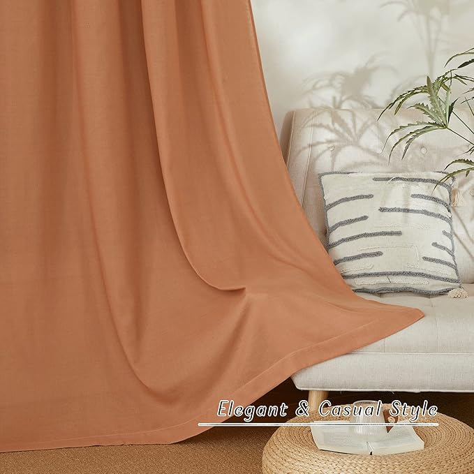 NICETOWN Linen Flax Semi Sheer Curtains 94" Length, Grommet Window Treatments Privacy Added with Light Penetration Vertical Drapes for Loft/Home Office, Burnt Orange, W55 x L94, 2 Panels