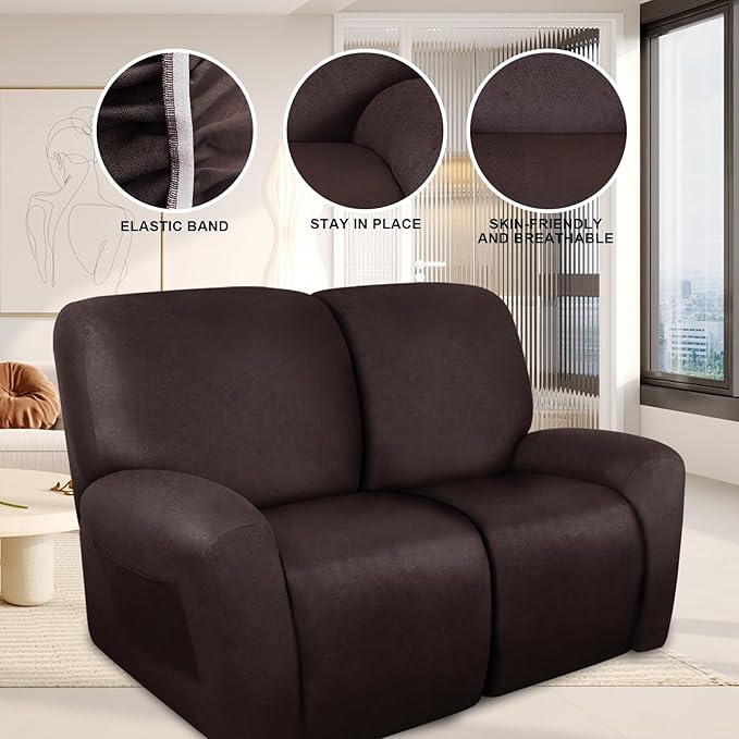 ANARACHON Loveseat Recliner Cover Leather Look Recliner Loveseat Covers Recliner Sofa Cover for 2 Seater Reclining Couch Spandex Fabric Washable 6 Pieces (2 Seater, 01 Chocolate)