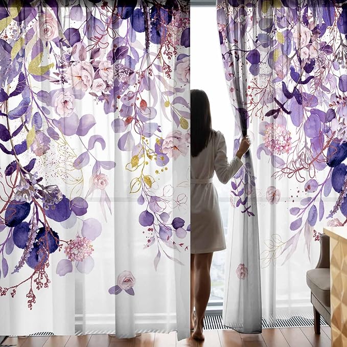 Purple Floral Sheer Curtains 84 Inch Length 2 Panels, Eucalyptus Leaves Botanical Light Filtering Privacy Semi-Sheer Vintage Curtains for Bedroom Living Room, Watercolor Flower Pink Plant Curtain