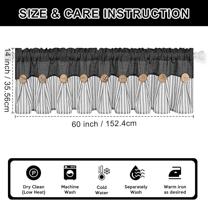 ASPMIZ Farmhouse Cotton Linen Valances for Windows, Boho Kitchen Curtains Valances with Rustic Button, Black Striped Valance Window Topper Treatment Tiers, Window Valances for Bathroom, 60 x 14 Inch