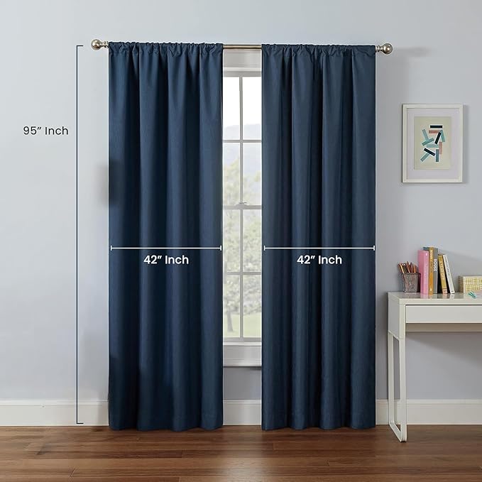 ECLIPSE Kendall Modern Blackout Thermal Rod Pocket Window Curtain for Bedroom or Living Room (1 Panel), 42 in x 95 in, Kendall Denim