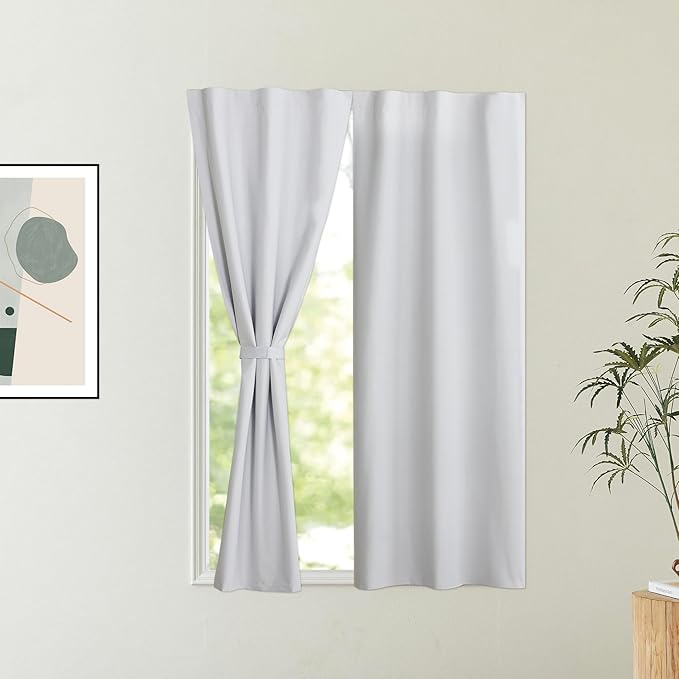 NICETOWN 100% Blackout Door Curtains for Blinds, Tie Up Thermal Insulated Window Panels Room Darkening French Shade for Kitchen Patio Glass Door, Set of 1 Panel, 36 x 72 Inch, Greyish White