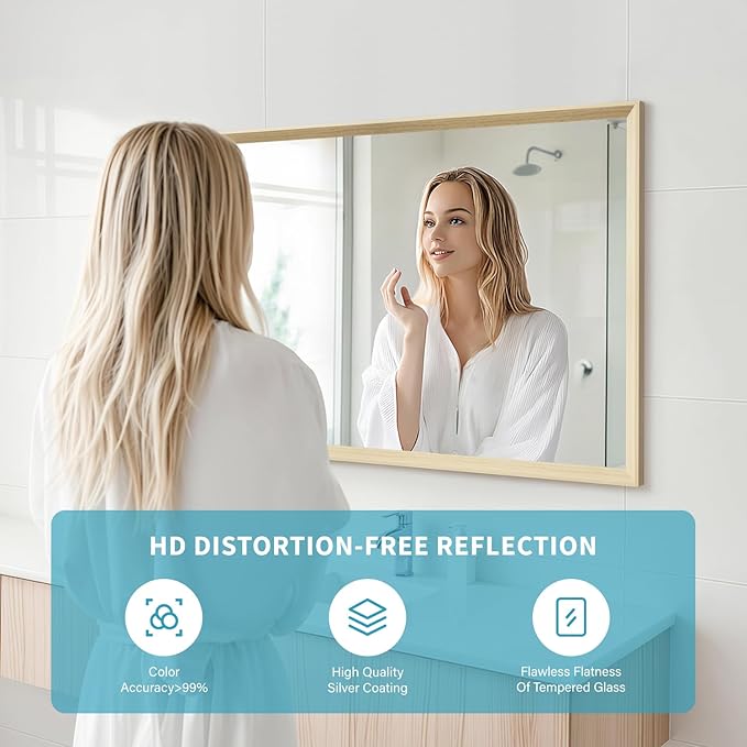 Oak Wood Effect Framed Wall Mirror, 24x36 Rectangle Mirror, Anti-desilvering Tempered Glass, Sustainable& Sturdy Frame, Farmhouse Mirror, Anti-Rust, 3min Fast Setup for Bathroom Living Room