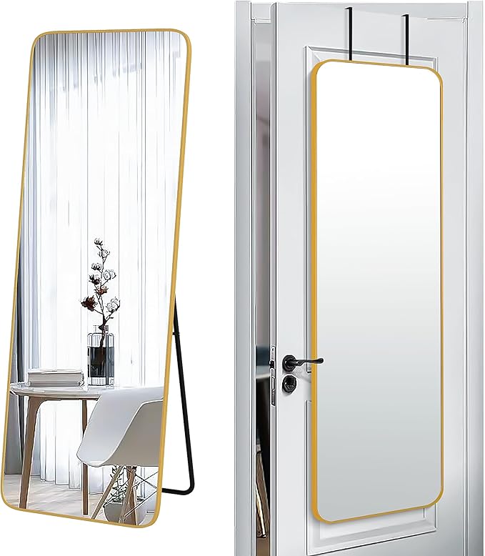 SCWF-GZ 57x20 Door Hanging Full Length Mirror, Floor Stand (Height 5.7ft just Body in1.3ft) Wall Mounted Metal Frame Rectangle Dressing Mirrors for Bedroom Room 57 inch Gold