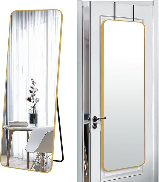 SCWF-GZ 57x20 Door Hanging Full Length Mirror, Floor Stand (Height 5.7ft just Body in1.3ft) Wall Mounted Metal Frame Rectangle Dressing Mirrors for Bedroom Room 57 inch Gold