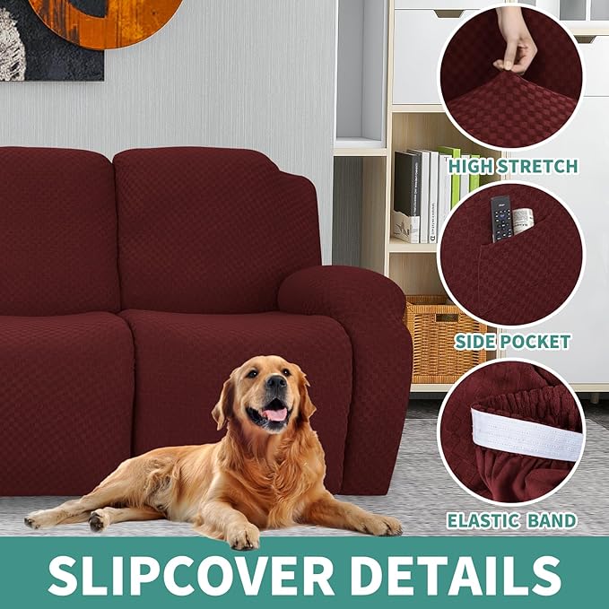 YEMYHOM 6 Pieces Stretch Loveseat Recliner Slipcover Jacquard Recliner Sofa Cover with Side Pocket Fitted Recliner Cover Couch Furniture Protector with Elastic Bottom (Loveseat Recliner, Wine Red)