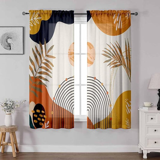 Boho Curtains 63 Inch Length Mid Century Light Filtering Curtains for Living Room Orange Abstract Leaves Dining Room Curtain Rainbow Modern Geometric Kitchen Curtain Colorful Window Drape 2 Panels