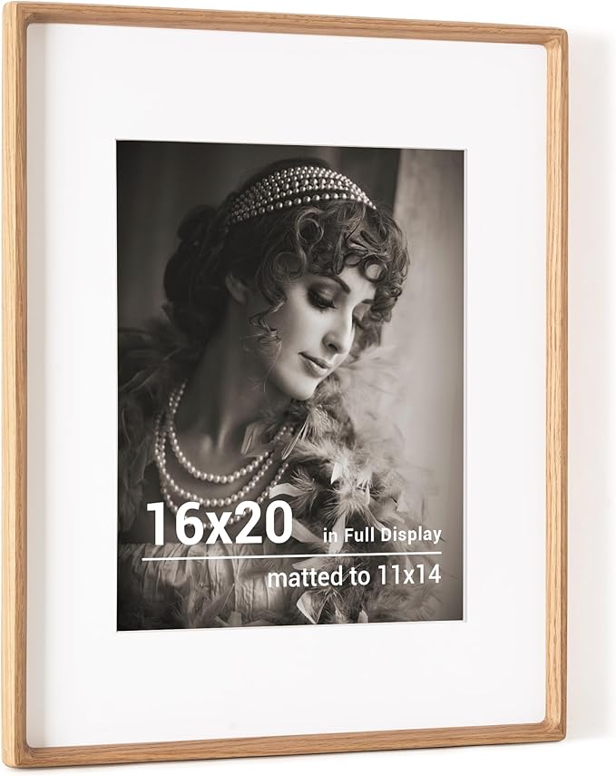 16 x 20 Picture Frame, USA-Sourced Oak Wood Photo Frames with HD Tempered Glass, Handcrafted Rounded Corner 16x20 Wooden Frames Matted to 11x14 Photos, Horizontal or Vertical Wall Display