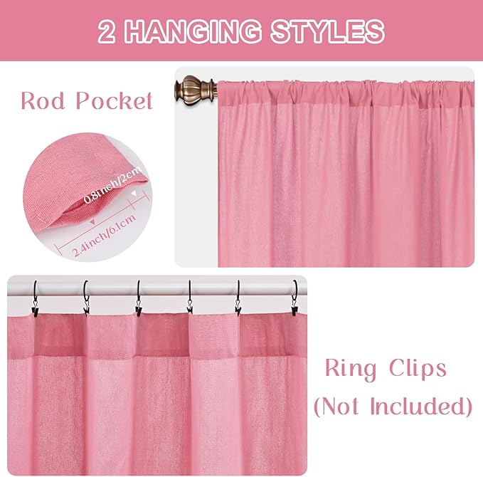 ASPMIZ Linen Kitchen Curtains 24 Inch Length, Farmhouse Boho Button Kitchen Window Curtain Over Sink, Pink Striped Short Curtains for Small Windows, Bathroom, Rod Pocket Window Treatment Tiers