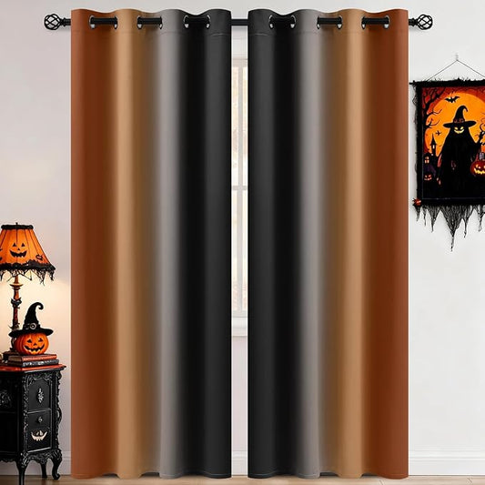 COSVIYA Blackout Drapes Burnt Orange and Black Curtains 84 inch Length 2 Panels,Full Room Darkening Grommet Insulated Thermal Window Treatments for Bedroom/Living Room,52x84 inches