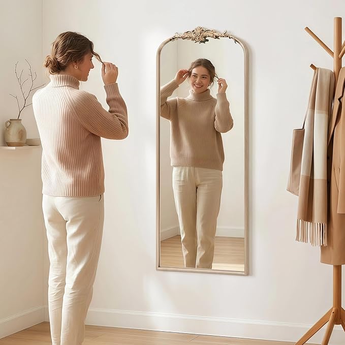 Besdomus Arched Mirror Full Length: 21"x56" French Champagne Gold Vintage Full Body Mirror - Floor Antique Baroque Traditional Ornate for Entryway/Cloakroom/Bedroom - Home Decor for Fashion-Conscious