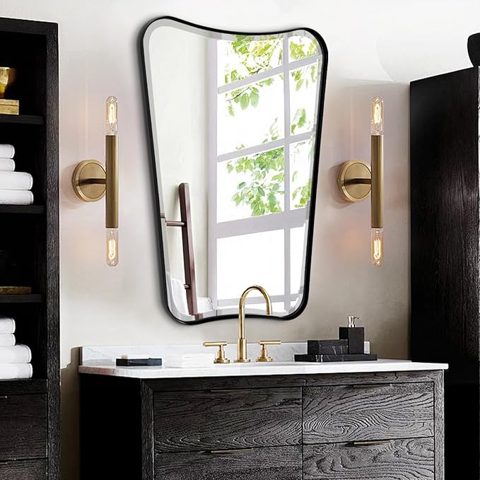 POZINO Irregular Beveled Mirror, 24"x40" Bathroom Vanity Mirrors for Over Sink, Butterfly Shape Aesthetic Mirrors Decorative, Matte Black Modern Wall Mirror for Living Room Bedroom Fireplace Entryway