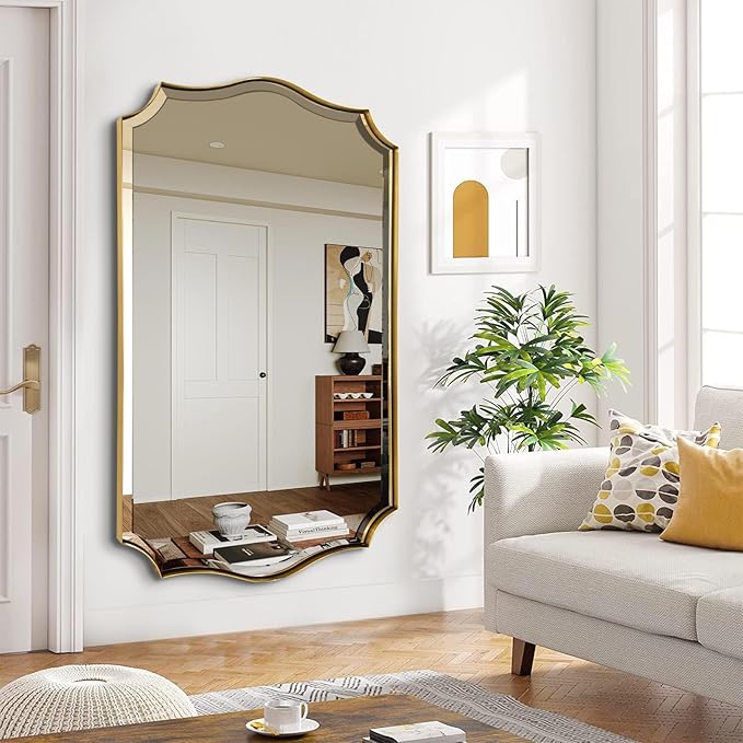POZINO Scalloped Beveled Mirror, 30"x48" Brushed Gold Rectangle Bathroom Vanity Mirrors, Modern Irregular Wavy Wall Mirror for Living Room Bedroom Fireplace Entryway, Horizontal/Vertical Hanging