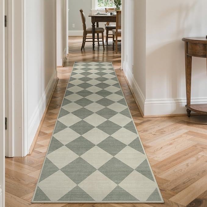 Beeiva Checkered Print Runners for Hallways Non Slip 2.5x12, Green Ultra Thin Washable Runner Rug Neutral Long Rugs for Hallway, Moroccan Plaid Floor Carpet for Kitchen, Modern Gingham Home Decor