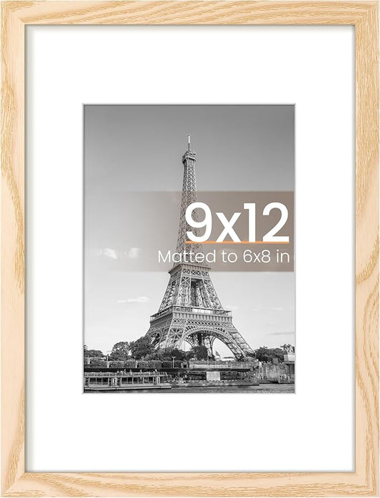upsimples 9x12 Picture Frame, Display Pictures 6x8 with Mat or 9 x 12 Without, Wall Hanging Photo Frames, Natural, 1 Pack