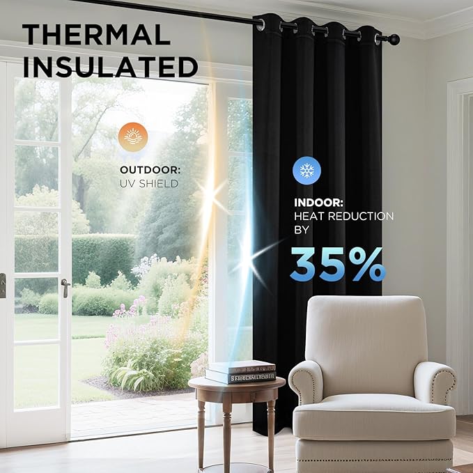 Joydeco Blackout Curtains 108 Inches Long 1 Panel, Thermal Insulated Long Curtains& Drapes 1 Piece, Room Darkening Grommet Drapes for Living Room Bedroom Window (W70 x L108 Inch, Black)