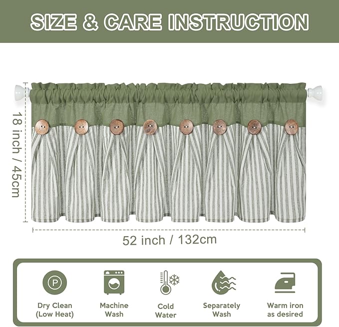 ASPMIZ Farmhouse Cotton Linen Valances for Windows, Boho Kitchen Curtains Valances with Rustic Button, Green Striped Window Treatments Curtain Valance for Bathroom Cafe, 52 x 18 Inch, 1 Pannel