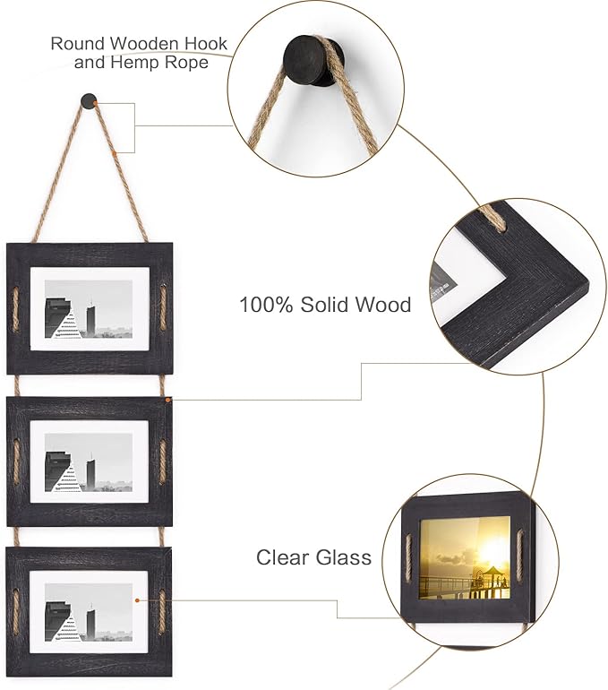 DLQuarts 5x7 Hanging Picture Frames Collage Wall Decor, 3-Opening Photo Frames 5x7 Without Mat & 3.5x5 with Mat, Rustic Wood 3-Frame, Weathered Black