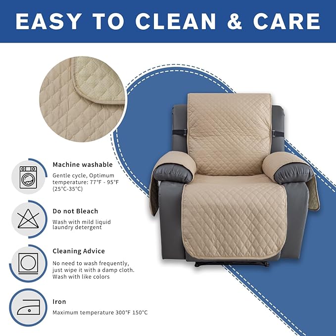 XINEAGE Water Resistant Recliner Cover, Nonslip Recliner Chair Covers for Reclining Chair with Pockets, Quilted Thick Recliner Slipcovers for Pets and Kids (Recliner Chair, Khaki)
