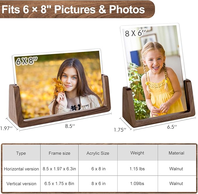 Mixoo 6x8 Picture Frame 2 Pack - Rustic Wooden Photo Frames with Walnut Wood Base and High Definition Break Free Acrylic Glass Covers for Desk or Tabletop Display (6×8 inch, Horizontal + Vertical)