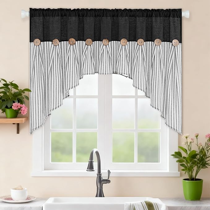 ASPMIZ Farmhouse Cotton Linen Swag Valances for Windows, Boho Kitchen Curtains Valances with Rustic Buttons, Black Striped Window Treatments Curtain Valance for Bathroom Cafe, 61 x 36 Inch, 1 Panel
