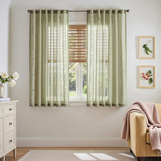 jinchan Winslow Sheer Curtains 63 Inch Length for Dorm Bedroom Bordered Floral Pattern Decorations Short Curtains Light Filtering Window Treatments, 50W x 63L, Ivory on Sage, 2 Panels