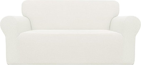 Easy-Going Stretch Loveseat Slipcover 1-Piece Sofa Cover Furniture Protector Couch Soft with Elastic Bottom for Kids Polyester Spandex Jacquard Fabric Small Checks (Loveseat, Cream)