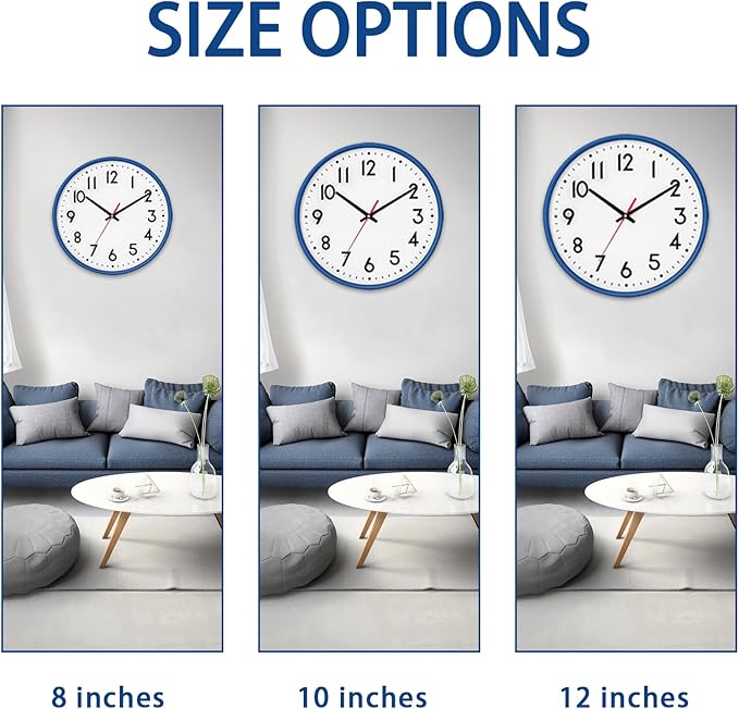 HZDHCLH Wall Clock Blue,Silent Wall Clocks Battery Operated 10 Inch Modern Non Ticking Analog Clock Decorative for Kitchen Bedroom Living Room Office Classroom