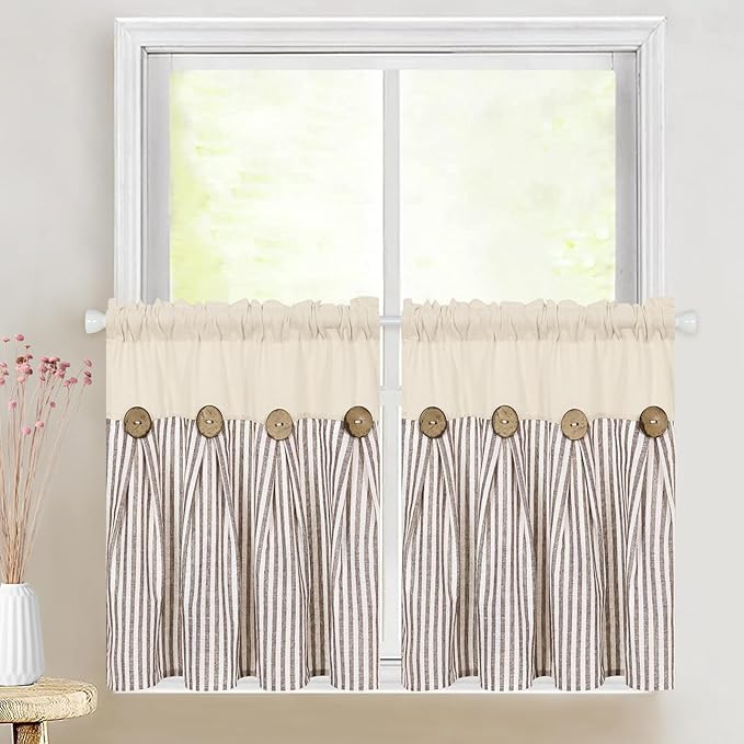 ASPMIZ Cotton Linen Kitchen Curtains 24 Inch Length Tier Curtain for Small Window Treatment, Boho Button Half Window Curtain Farmhouse, Brown Stripe Rod Pocket Short Curtains for Window Cafe Bathroom