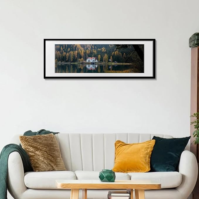 upsimples 12x36 Picture Frame, Display Pictures 10x30 with Mat or 12 x 36 Without, Wall Hanging Long Frames, Black, 1 Pack