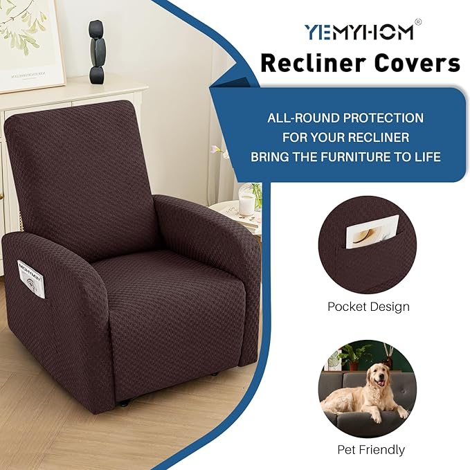 YEMYHOM 3 Pieces Stretch Recliner Slipcover Latest Jacquard Small Recliner Chair Cover with Side Pocket Anti-Slip Fitted Furniture Protector with Elastic Bottom (X-Small Recliner, Dark Coffee)