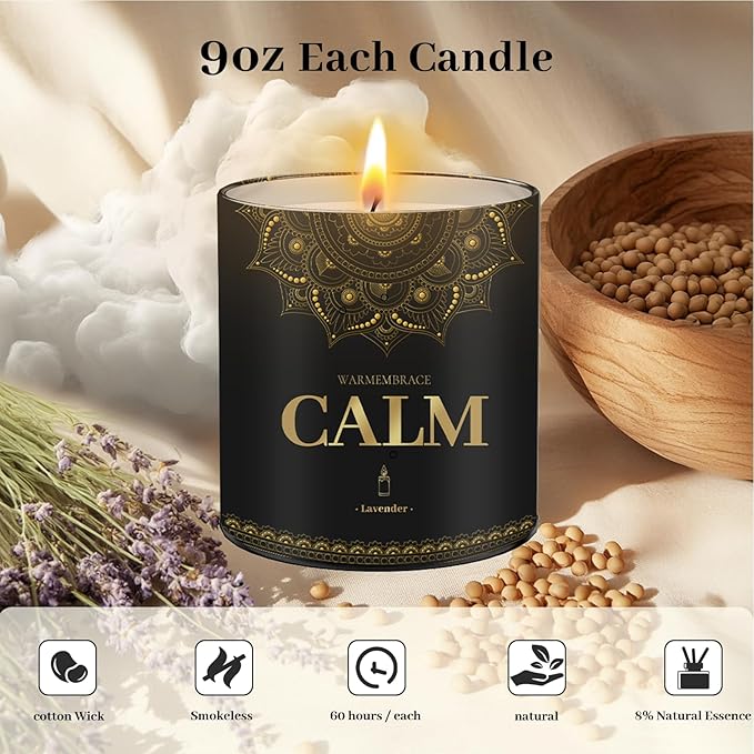 WarmEmbrace Lavender Scented Candles, 9 Oz Jar Candles for Home, Office, Meditation, Yoga, Candles for Women & Men, Birthday, Christmas, Valentine's Day Present, Housewarming Gift