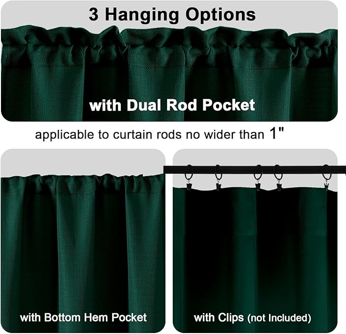 Chyhomenyc Christmas 2 Panels Hunter Green Curtains 24 Inch Length, Faux Linen Textured Small Cafe Curtain Tiers, Light Filtering Short Camper Curtains for RV Window Bathroom, 30x24 Inch, 2PCS