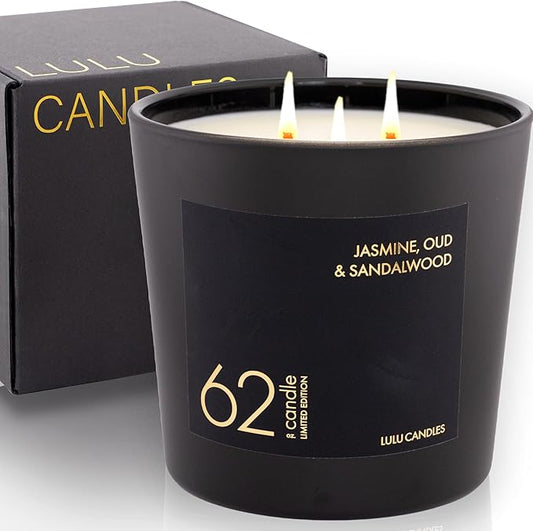 Lulu Candles | Jasmine, Oud & Sandalwood| Luxury Scented Soy Jar Candle | Hand Poured in The USA | Highly Scented Long Lasting (62 Oz. - XXLarge)