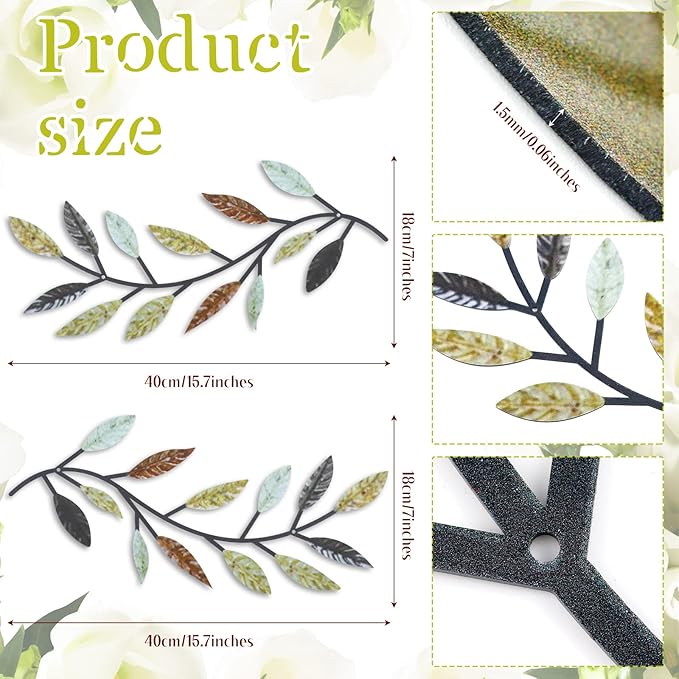 Zhengmy 2 Pieces Metal Tree Leaf Wall Decor Vine Olive Branch Leaf Wall Art Living Room, Hallway Wall Decor Outdoor Decoration(Multi Color)