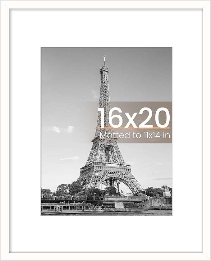 upsimples 16x20 Picture Frame, Display Pictures 11x14 with Mat or 16 x 20 Without, Wall Hanging Poster Frame, White, 1 Pack
