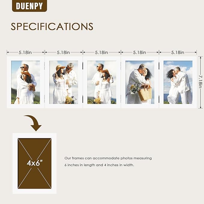 5 Folding 4x6 Picture Frame Horizontal Engineered Wood Accordion Photo Frame with Plexiglass Tabletop Bookshelf Display White